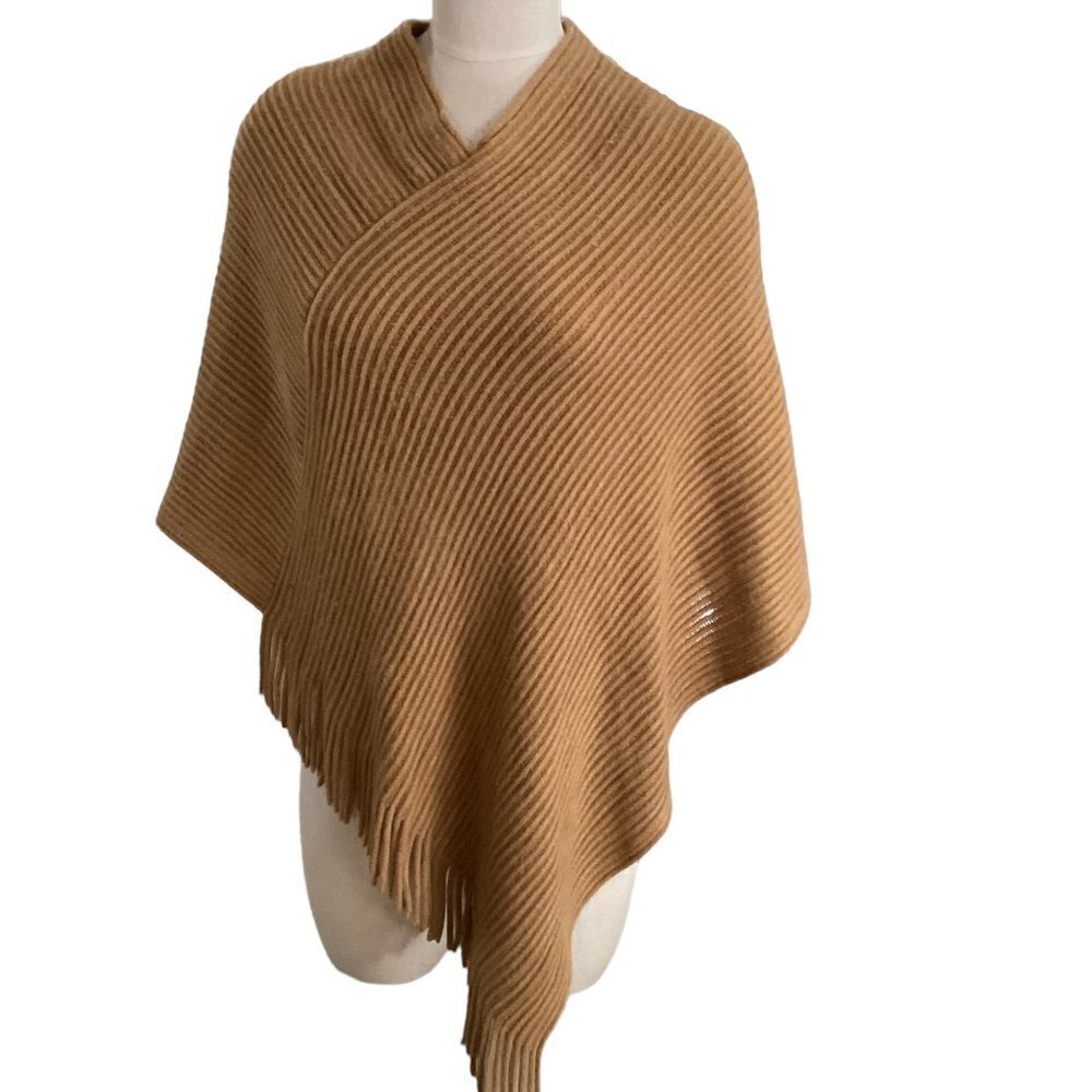 V.FRAAS  Poncho Camel‎ Brown Ribbed Knit Fringed Edge 16B